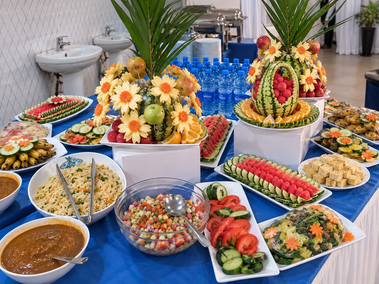 Saladi, pilau na matunda yaliyokatwa yamepangwa kwenye buffet